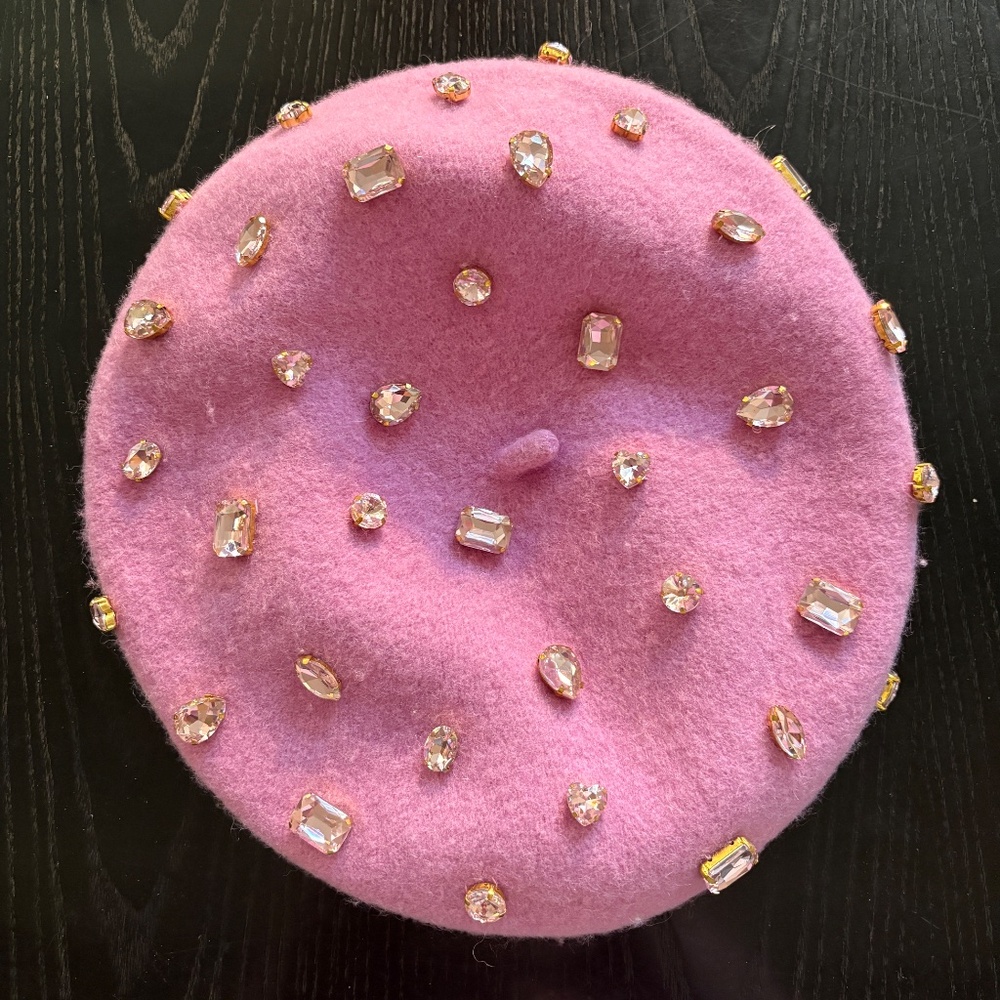Zara Pink Pink Wool Beret With Added Large Rhinestones